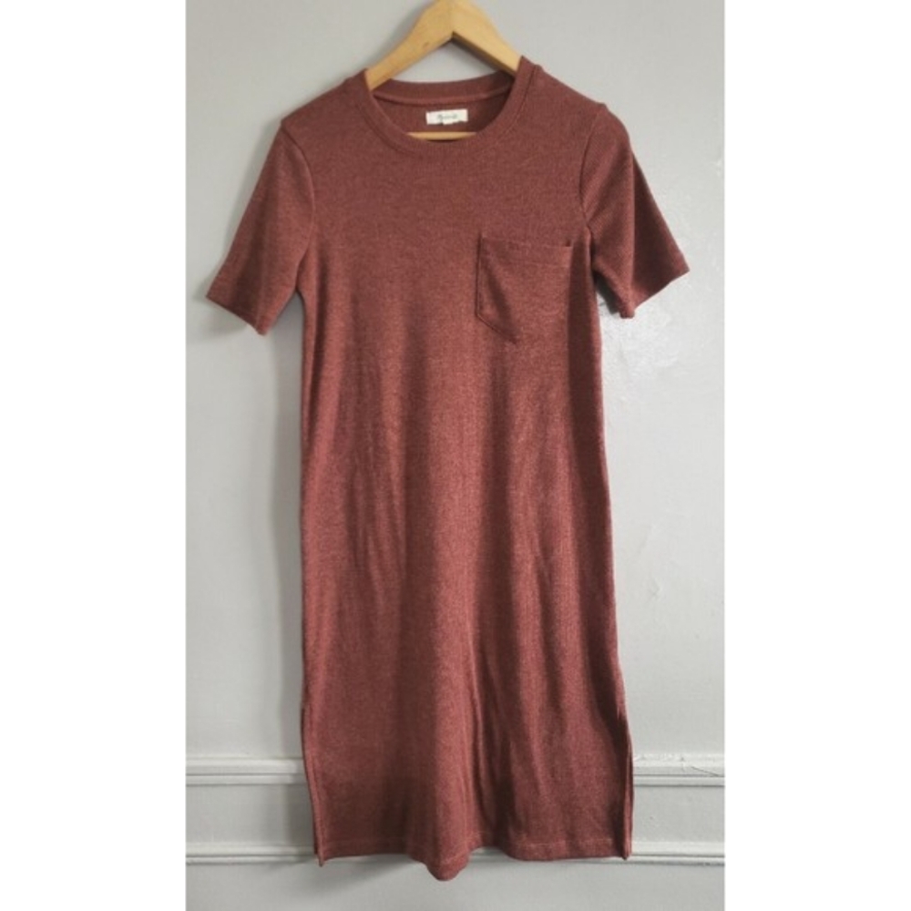 Madewell Dress Women's XS Brown Pocket Tee Ribbed Short Sleeve Midi